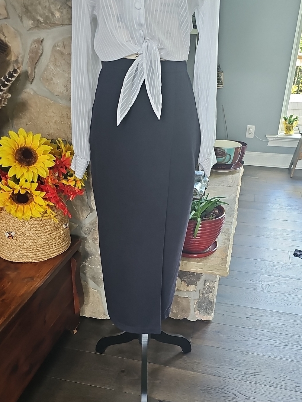 Vintage 90s Necessary Objects Overlap Front Maxi Skirt | High Slit | Stretch S